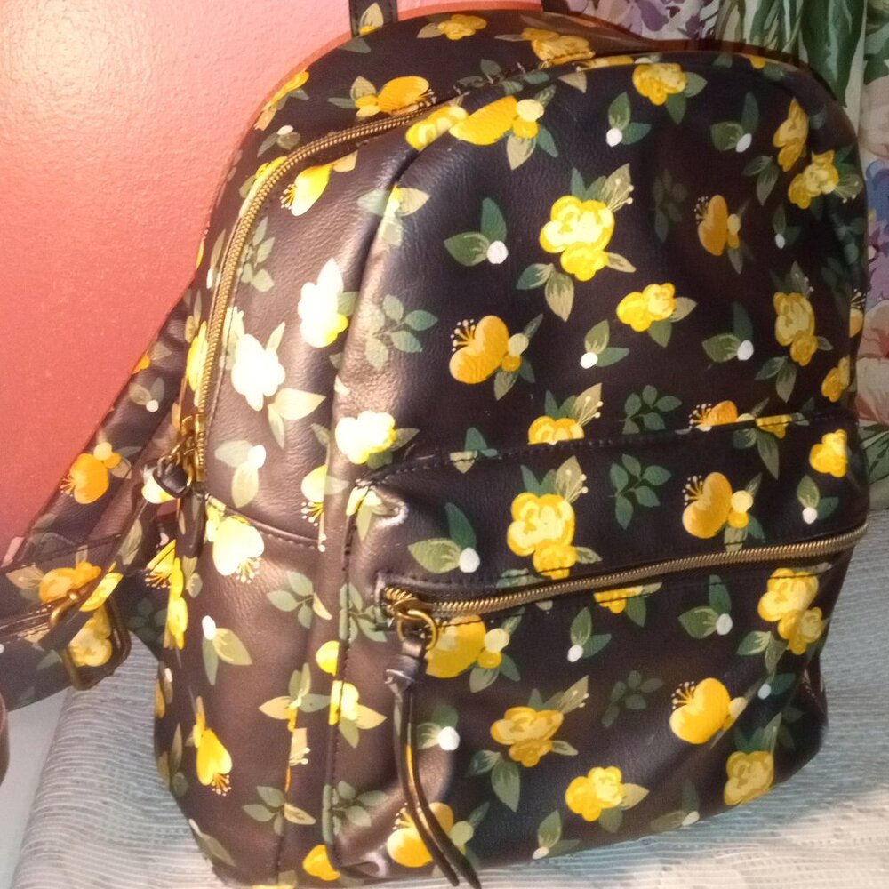 BLACK AND ORANGE FLORALMEDIUM BACKPACK WITH GOLD HARDWARE